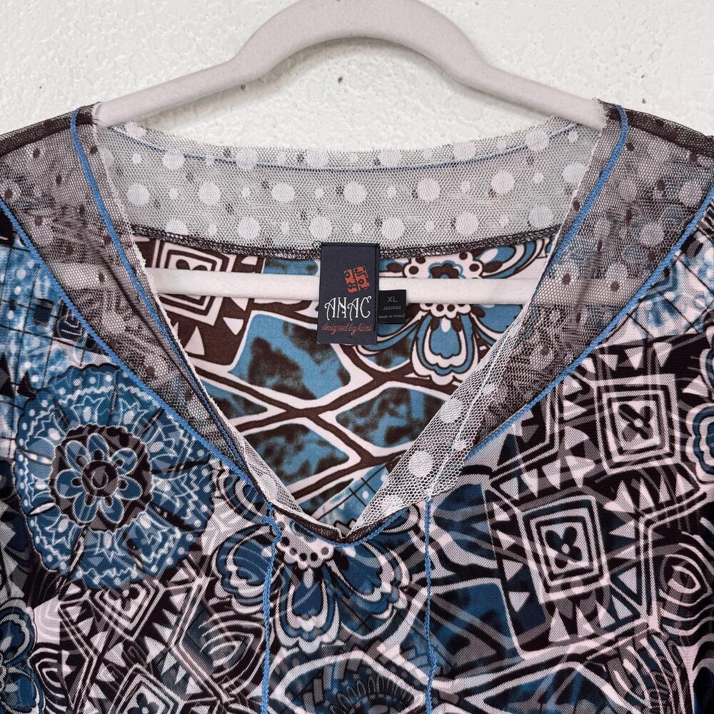 ANAC by Kimi Y2K Top Womens XL Sheer Mesh Geometric Floral Blouse Boho Art 2000s - Picture 5 of 10